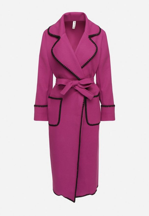 Born2be - Fioletowy Płaszcz z Kontrastowymi Obszyciami o Szlafrokowym Kroju z Wiązanym Paskiem Norenamia. Okazja: na spacer, na spotkanie biznesowe, na co dzień. Kolor: fioletowy. Długość rękawa: długi rękaw. Długość: długie. Styl: casual, biznesowy