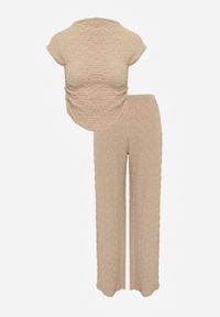 Renee - Beżowy Komplet Spodnie Wide Leg i Top ze Stójką i Drapowaniem w Talii Meridone. Kolor: beżowy. Materiał: materiał #4