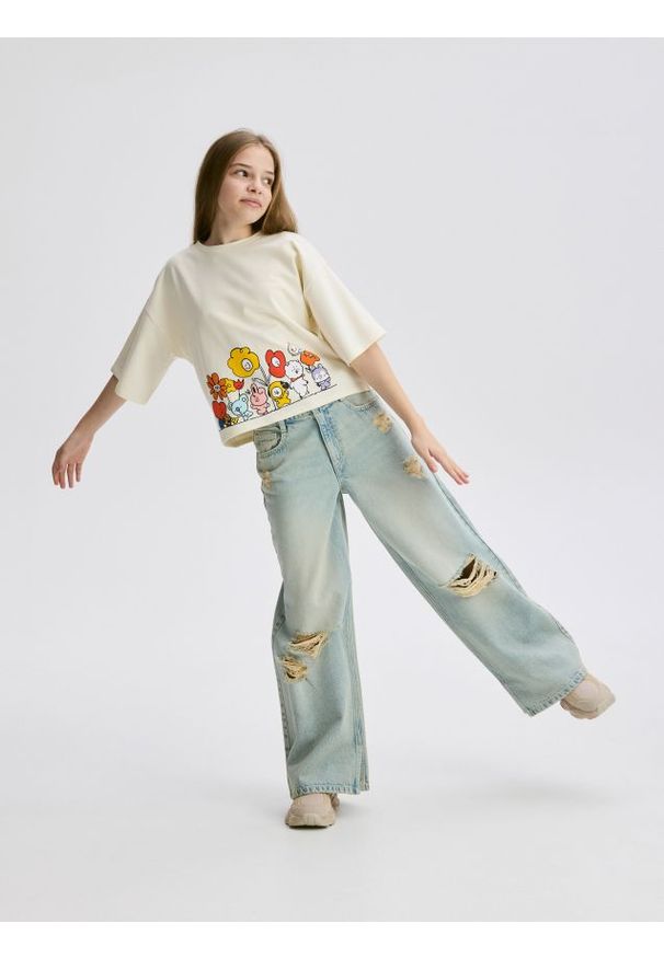 Reserved - Jeansy super wide leg z przetarciami - niebieski. Kolor: niebieski