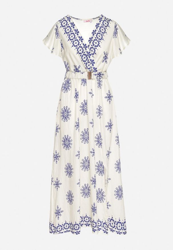 Born2be - Niebieska Sukienka w Ornamentalny Wzór z Elastycznym Paskiem Tosvanna. Okazja: na co dzień. Kolor: niebieski. Długość rękawa: krótki rękaw. Wzór: aplikacja. Typ sukienki: kopertowe, proste. Styl: casual, elegancki, klasyczny