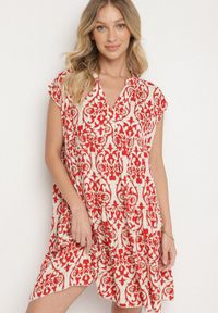 Born2be - Czerwona Bawełniane Sukienka o Rozkloszowanym Kroju Ozdobiona Falbanką Linola. Okazja: na co dzień. Kolor: czerwony. Materiał: bawełna. Wzór: aplikacja. Sezon: lato. Styl: elegancki, casual #6