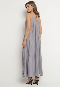 Born2be - Niebieska Rozkloszowana Sukienka z Wiskozy z Cyrkoniami Ellitana. Okazja: na co dzień. Kolor: szary. Materiał: wiskoza. Sezon: lato. Styl: klasyczny, elegancki, casual #2