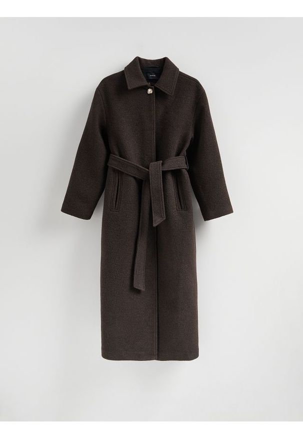 Reserved - Płaszcz z wełną Manteco - ciemnobrązowy. Kolor: brązowy. Materiał: wełna