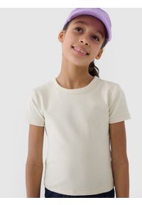 4f - 4F T-shirt slim crop top gładki dziewczęcy - beżowy 164 (13-14 lat). Okazja: na co dzień. Kolor: beżowy. Materiał: dzianina, materiał, bawełna, elastan. Długość rękawa: krótki rękaw. Długość: krótkie. Wzór: gładki. Sezon: lato. Styl: sportowy, casual