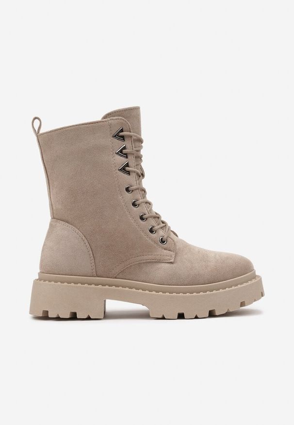 Born2be - Ciemnobeżowe Botki Workery na Grubej Podeszwie ze Sznurowaniem Erisly. Okazja: na co dzień. Kolor: beżowy. Materiał: jeans. Styl: casual, rockowy