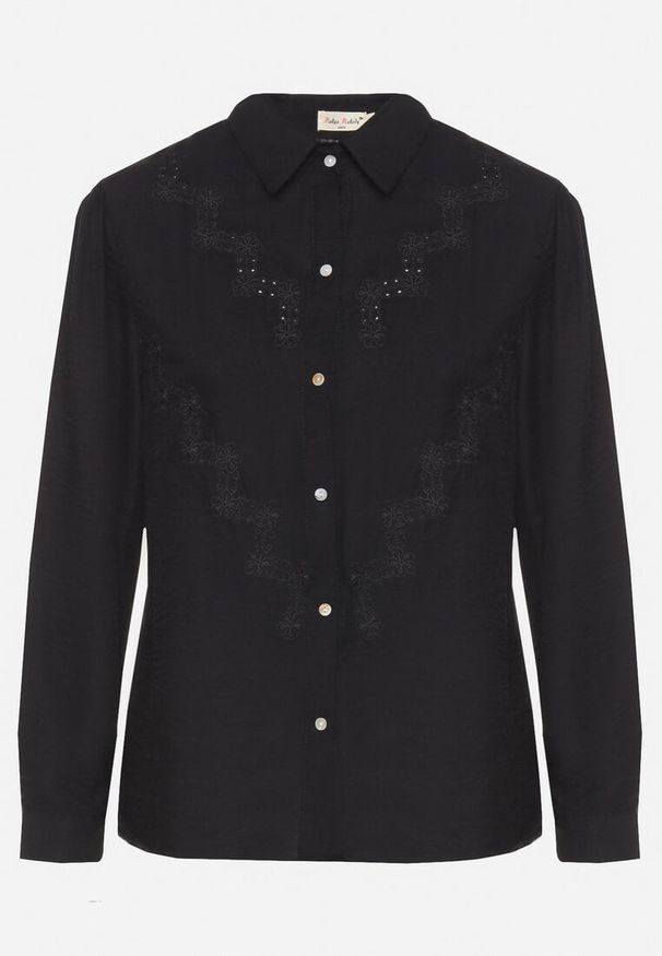 Born2be - Czarna Koszula z Ozdobnym Haftem z Cyrkoniami Evelinarae. Okazja: do pracy, na spotkanie biznesowe. Kolor: czarny. Materiał: jeans. Długość rękawa: długi rękaw. Długość: długie. Wzór: haft. Styl: biznesowy, klasyczny