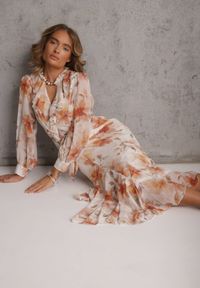 Renee - Pomarańczowa Eteryczna Sukienka Zdobiona Falbankami i Wiązanym Paskiem Rhelaith. Okazja: na randkę, na imprezę. Typ kołnierza: kołnierz z falbankami. Kolor: pomarańczowy. Materiał: poliester. Wzór: aplikacja. Styl: boho #1