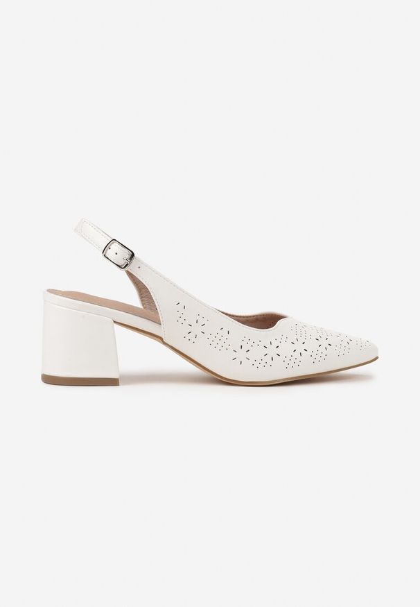 Renee - Białe Sandały Vices na Słupku Slingback z Ażurową Cholewką i Skórzaną Wkładką Tiranis. Okazja: na co dzień. Zapięcie: sprzączka. Kolor: biały. Materiał: skóra. Wzór: ażurowy. Sezon: lato. Obcas: na słupku. Styl: casual, klasyczny