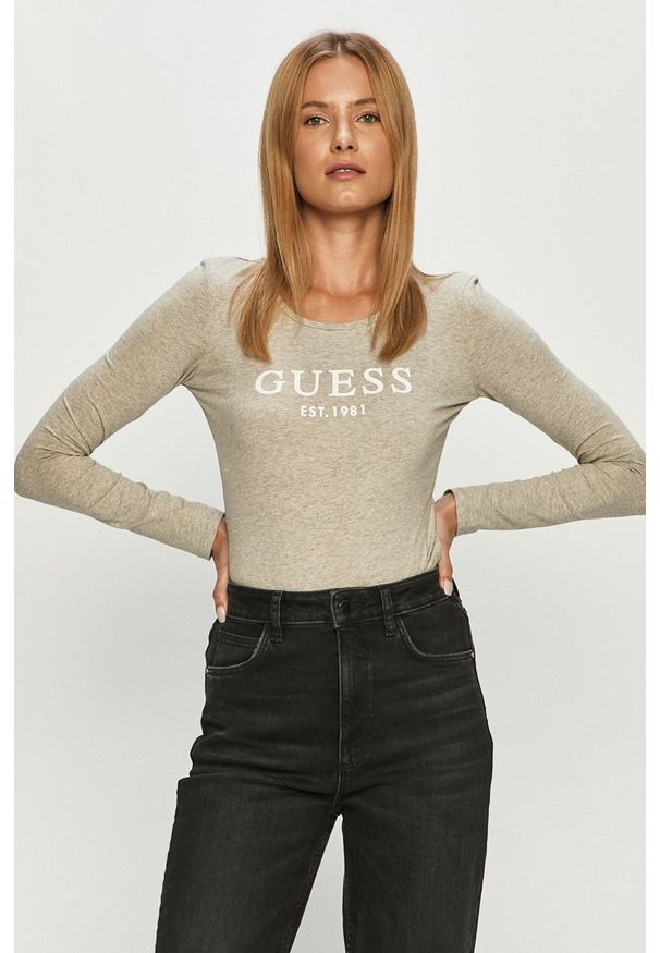 Guess Jeans - Longsleeve. Okazja: na co dzień. Kolor: szary. Materiał: jeans. Wzór: nadruk. Styl: casual