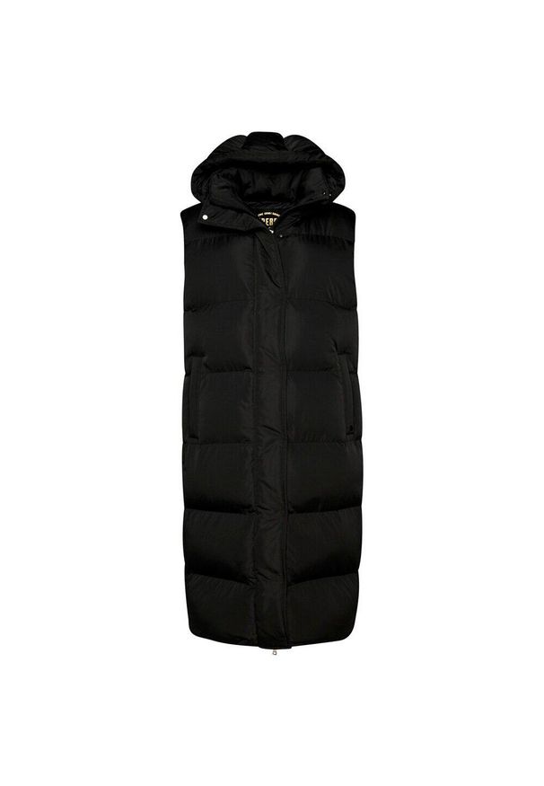 Damska długa kurtka puchowa bez rękawów z kapturem Superdry. Typ kołnierza: kaptur. Kolor: czarny. Materiał: puch. Długość rękawa: bez rękawów. Długość: długie