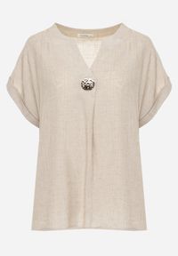 Born2be - Beżowa Nietoperzowa Bluzka z Krótkim Rękawem z Lnem i Wiskozą Isirtila. Okazja: na co dzień, do pracy. Kolor: beżowy. Materiał: wiskoza, len. Długość rękawa: krótki rękaw. Długość: krótkie. Sezon: lato. Styl: casual, klasyczny, elegancki #8