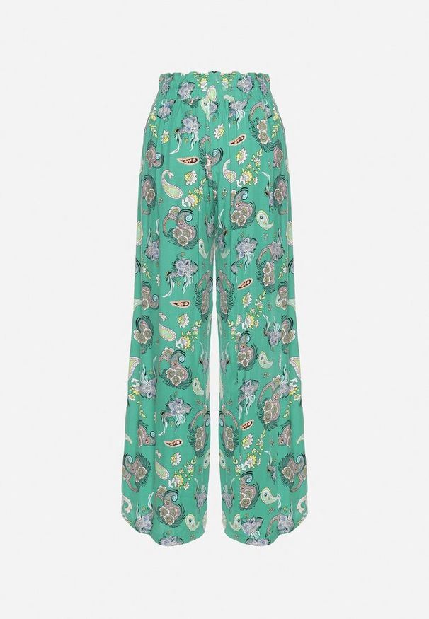 Born2be - Zielone Spodnie z Bawełny z w Stylu Boho z Szerokimi Nogawkami i Gumką w Talii Jelvia. Okazja: na co dzień. Kolor: zielony. Materiał: bawełna. Sezon: wiosna, lato. Styl: boho