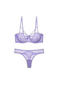 Intica - Komplet bielizny koronkowej ze strapsami regulowanymi Behjat. Kolor: fioletowy. Materiał: koronka. Wzór: paski, koronka #1