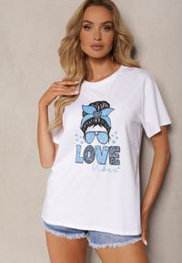 Renee - Biało-Niebieski T-shirt z Bawełny Ozdobiony Nadrukiem Tarvilla. Kolor: biały. Materiał: bawełna. Wzór: nadruk, aplikacja. Sezon: lato #4