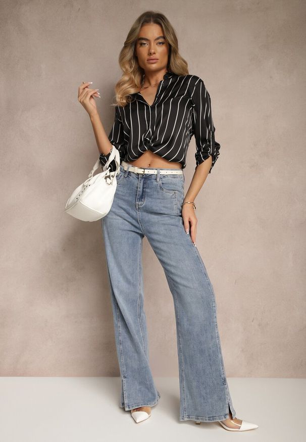Renee - Czarna Koszula w Pionowe Prążki z Możliwością Podpięcia Rękawów Cerraza. Okazja: na co dzień, do pracy. Kolor: czarny. Materiał: jeans. Wzór: prążki. Styl: casual
