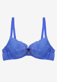 Renee - Niebieski Biustonosz Push Up z Koronką i Metaliczną Ozdobą Norirae. Kolor: niebieski. Materiał: koronka. Rodzaj stanika: push-up. Wzór: koronka, aplikacja