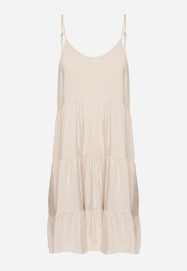 Born2be - Jasnobeżowa Rozkloszowana Sukienka z Bawełny na Ramiączkach z Falbanami Lilivane. Okazja: na co dzień, na spacer. Kolor: beżowy. Materiał: bawełna. Długość rękawa: na ramiączkach. Sezon: wiosna, lato. Typ sukienki: proste. Styl: casual