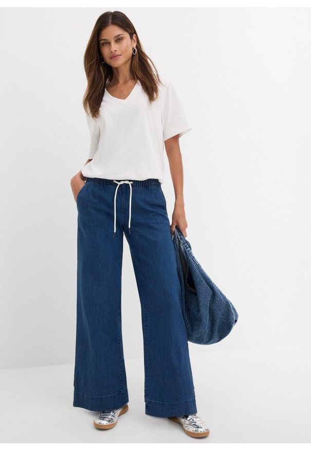 bonprix - Dżinsy ze stretchem wide leg, mid waist. Kolor: niebieski