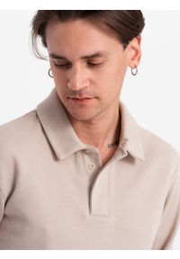 Ombre Clothing - Bluza męska z kołnierzykiem polo ze strukturalnej dzianiny - beżowa V2 - Rozmiar: XXL. Typ kołnierza: polo. Kolor: beżowy. Materiał: dzianina #2