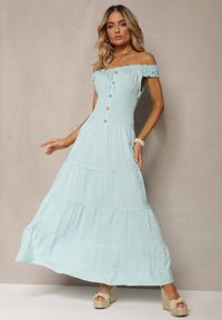 Renee - Jasnoniebieska Letnia Sukienka z Hiszpańskim Dekoltem z Bawełnianej Tkaniny Gereleena. Okazja: na imprezę. Kolor: niebieski. Materiał: bawełna, tkanina. Długość rękawa: krótki rękaw. Sezon: lato. Typ sukienki: wyszczuplające. Styl: elegancki #1