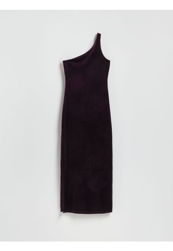 Reserved - Sukienka na jedno ramię - ciemnofioletowy. Kolor: fioletowy. Materiał: dzianina, welur