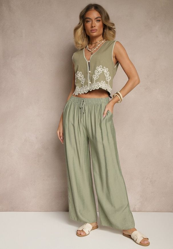 Renee - Jasnozielone Spodnie z Wiskozy High Waist o Szerokim Kroju Divlise. Okazja: na co dzień. Stan: podwyższony. Kolor: zielony. Materiał: wiskoza. Styl: elegancki, casual