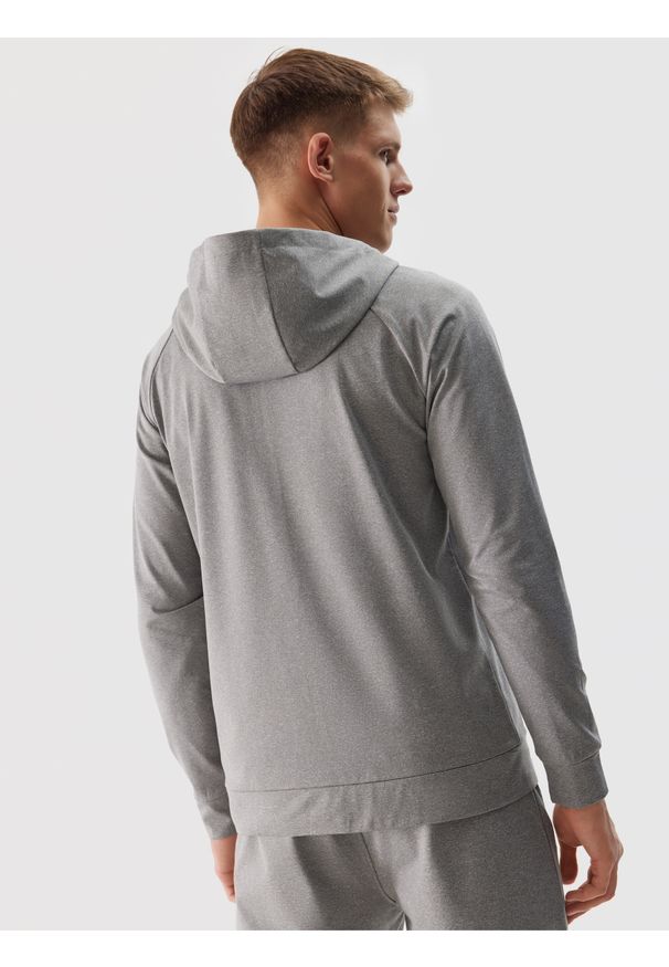 4f - 4F Bluza treningowa rozpinana z kapturem męska - szara S. Typ kołnierza: kaptur. Kolor: szary. Materiał: dzianina, włókno, syntetyk, materiał, elastan. Długość rękawa: raglanowy rękaw. Wzór: gładki, ze splotem, jednolity. Styl: sportowy. Sport: fitness