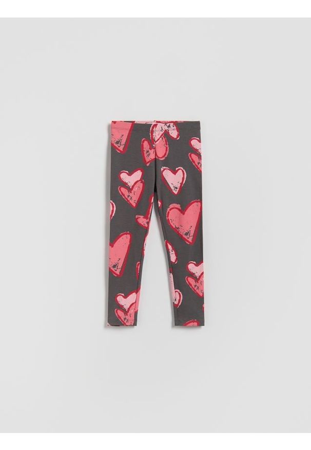 Reserved - Bawełniane legginsy z nadrukiem - ciemnoszary. Kolor: szary. Materiał: bawełna. Wzór: nadruk
