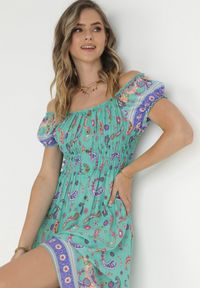 Born2be - Miętowa Rozkloszowana Sukienka Bawełniana Hiszpanka we Wzór Paisley Dottia. Typ kołnierza: dekolt hiszpanka. Kolor: miętowy. Materiał: bawełna. Wzór: paisley #3