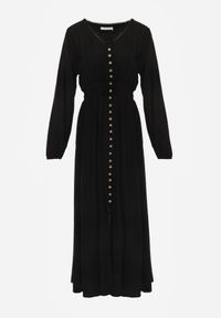 Born2be - Czarna Rozkloszowana Sukienka z Lnem i Wiskozą Zdobiona Guzikami Maitiella. Okazja: na co dzień. Typ kołnierza: dekolt w kształcie V. Kolor: czarny. Materiał: wiskoza, len. Długość rękawa: długi rękaw. Wzór: aplikacja. Sezon: wiosna, lato. Styl: casual, elegancki #6