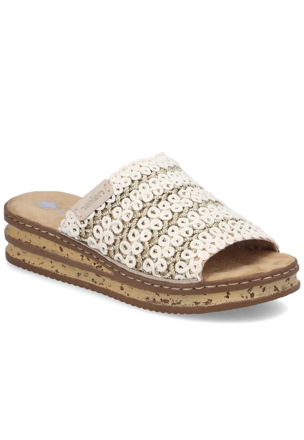 Klapki damskie na koturnie beżowe Rieker 629X8-60. Kolor: beżowy. Materiał: tkanina. Obcas: na koturnie