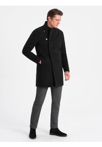 Ombre Clothing - Płaszcz męski z asymetrycznym zapięciem - czarny V2 OM-COWC-0102 - XXL. Kolor: czarny. Materiał: poliester #8