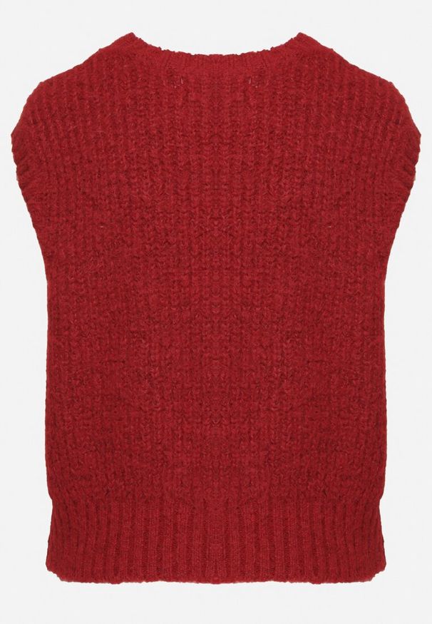 Born2be - Bordowa Prążkowana Kamizelka z Wełną w Stylu Sweterka Sintille. Kolor: czerwony. Materiał: prążkowany, wełna. Wzór: aplikacja, prążki. Styl: elegancki