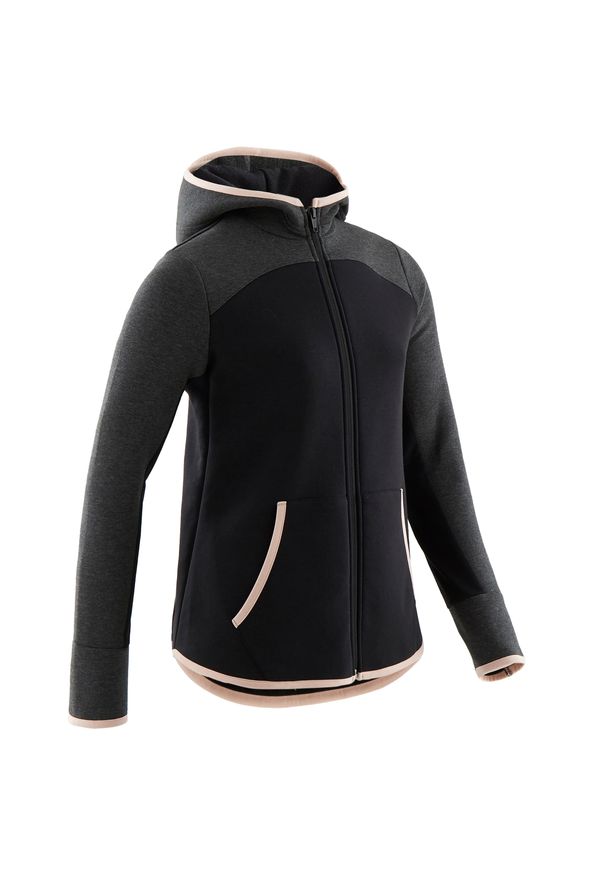 DOMYOS - Bluza na zamek z kapturem do gimnastyki 500 dla dzieci. Typ kołnierza: kaptur. Kolor: wielokolorowy, czarny, szary. Materiał: polar, elastan, dzianina, materiał, poliester. Sport: joga i pilates