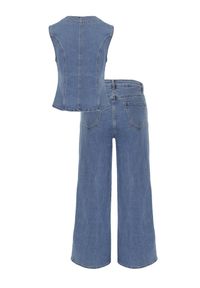 Renee - Niebieski Jeansowy Komplet z Bawełny Wide Leg Jeans i Kamizelka na Guziki Noena. Kolor: niebieski. Materiał: bawełna, jeans #6