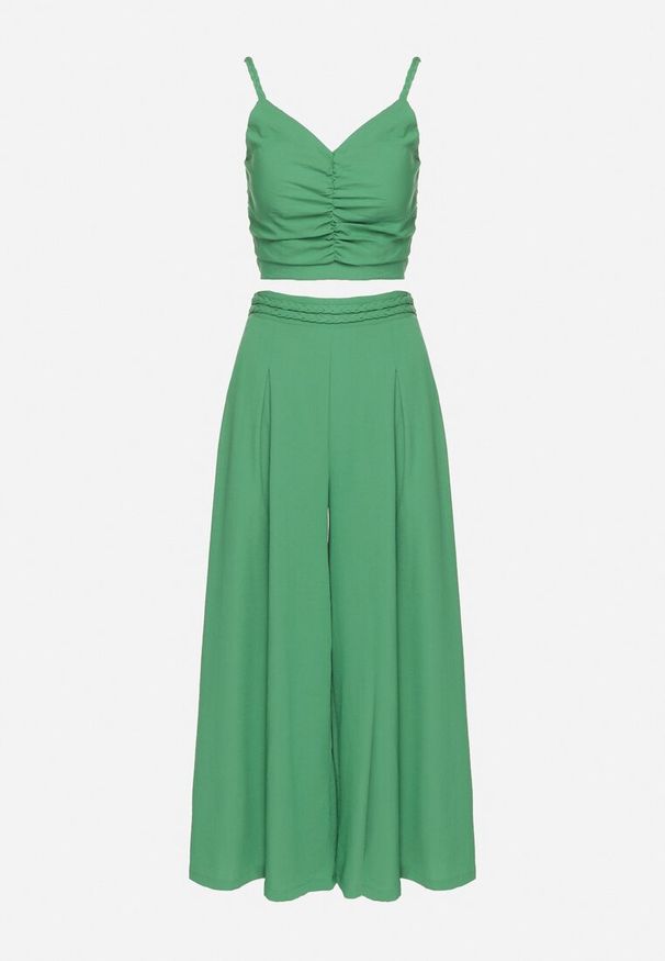 Born2be - Zielony Komplet z Wiskozą Top z Usztywnianymi Miseczkami i Szerokie Spodnie Lortebis. Kolor: zielony. Materiał: wiskoza. Wzór: aplikacja