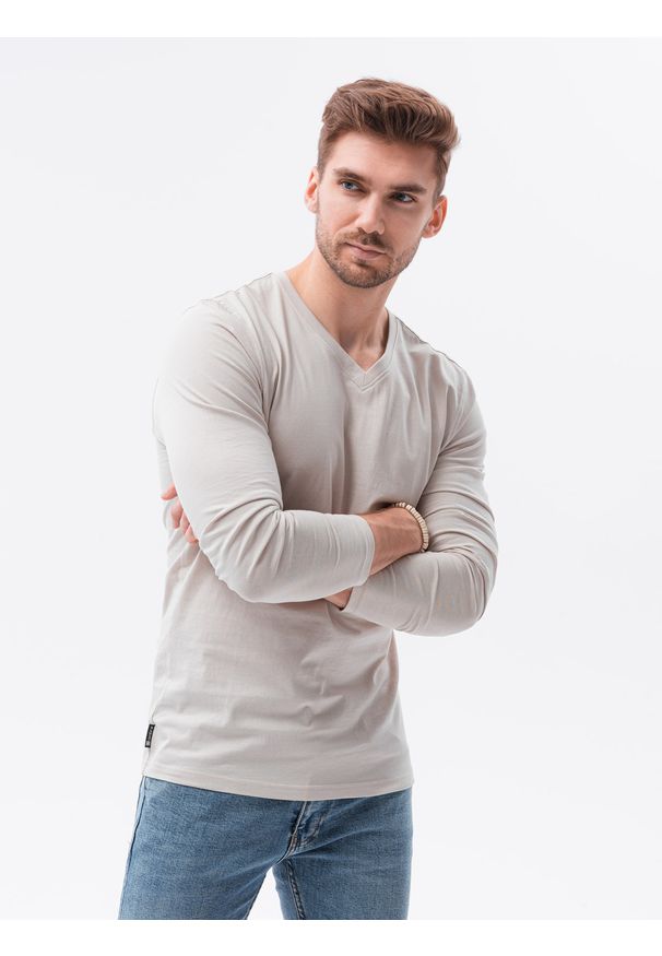 Ombre Clothing - Longsleeve męski bez nadruku - jasnobeżowy V1 - Rozmiar: XL. Typ kołnierza: dekolt w kształcie V. Kolor: beżowy. Materiał: bawełna, materiał. Długość rękawa: długi rękaw. Styl: klasyczny