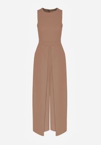 Born2be - Ciemnobeżowy Elegancki Kombinezon z Ozdobnymi Zakładkami Zellysha. Okazja: na co dzień, na spotkanie biznesowe. Kolor: beżowy. Wzór: aplikacja. Styl: elegancki #7