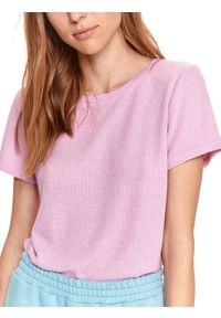 DRYWASH - Gładki t-shirt z damski z krótkim rękawkiem. Okazja: na co dzień. Kolor: różowy. Materiał: tkanina, prążkowany. Długość rękawa: krótki rękaw. Długość: krótkie. Wzór: gładki. Sezon: lato. Styl: casual, klasyczny #6