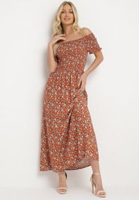 Born2be - Pomarańczowo-Niebieska Sukienka z Wiskozy Cheri. Typ kołnierza: dekolt hiszpanka. Kolor: pomarańczowy. Materiał: wiskoza. Wzór: kwiaty. Sezon: lato. Typ sukienki: rozkloszowane. Długość: maxi #3