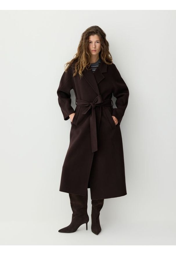 Reserved - Płaszcz handmade z wełną - ciemnobrązowy. Kolor: brązowy. Materiał: wełna