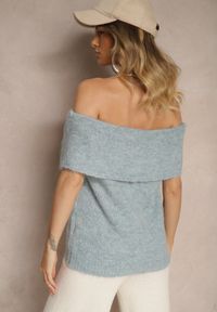 Renee - Niebieski Sweter Top z Hiszpańskim Wywijanym Dekoltem z Wełną Inarose. Kolor: niebieski. Materiał: wełna #4
