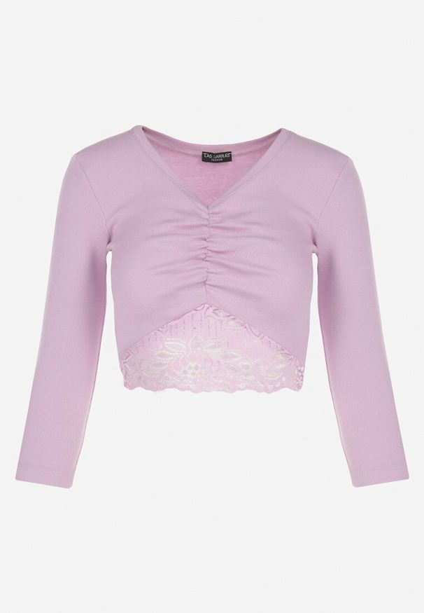 Born2be - Różowa Bawełniana Bluzka z Koronkową Wstawką i Marszczeniem Keiry. Kolor: różowy. Materiał: bawełna, koronka