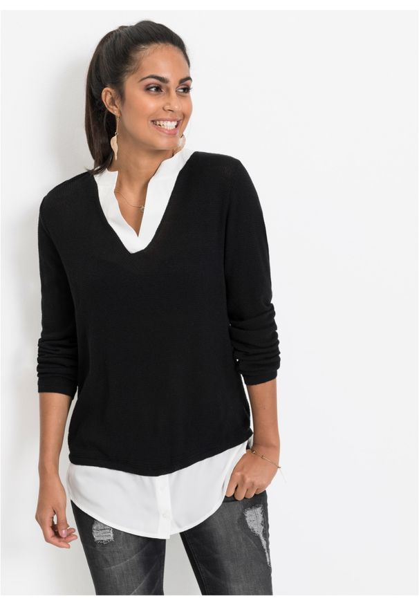 bonprix - Sweter z koszulową wstawką. Kolor: czarny. Długość rękawa: długi rękaw. Długość: długie