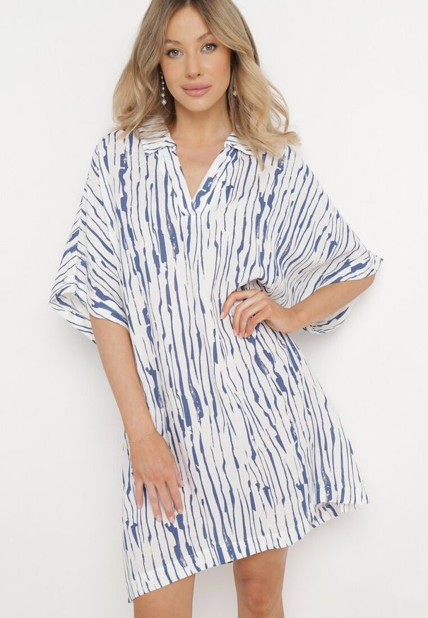 Born2be - Biała Sukienka z Bawełny i Lnu z Kołnierzykiem Bumstolia. Okazja: na co dzień, do pracy, na spotkanie biznesowe. Typ kołnierza: dekolt w kształcie V. Kolekcja: plus size. Kolor: biały. Materiał: bawełna, len. Typ sukienki: dla puszystych, proste. Styl: casual, biznesowy