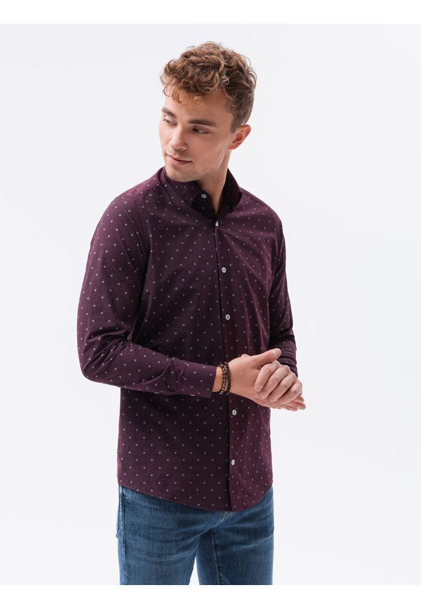 Ombre Clothing - Koszula męska elegancka z długim rękawem K463 - bordowa - XXL. Kolor: czerwony. Materiał: bawełna, poliester. Długość rękawa: długi rękaw. Długość: długie. Styl: elegancki
