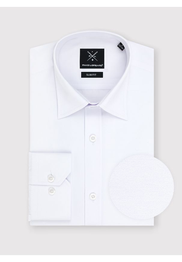 Pako Lorente - PAKO LORENTE – Biała gładka elegancka koszula męska. Typ kołnierza: kołnierzyk klasyczny. Kolor: biały. Materiał: poliester, bawełna. Długość rękawa: długi rękaw. Długość: długie. Wzór: gładki. Styl: elegancki