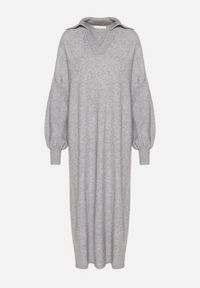 Born2be - Szara Pudełkowa Sukienka Sweterkowa z Wiskozą Szerokimi Rękawami i Kołnierzykiem Rinfera. Kolor: szary. Materiał: wiskoza. Typ sukienki: proste. Styl: wizytowy, elegancki #2