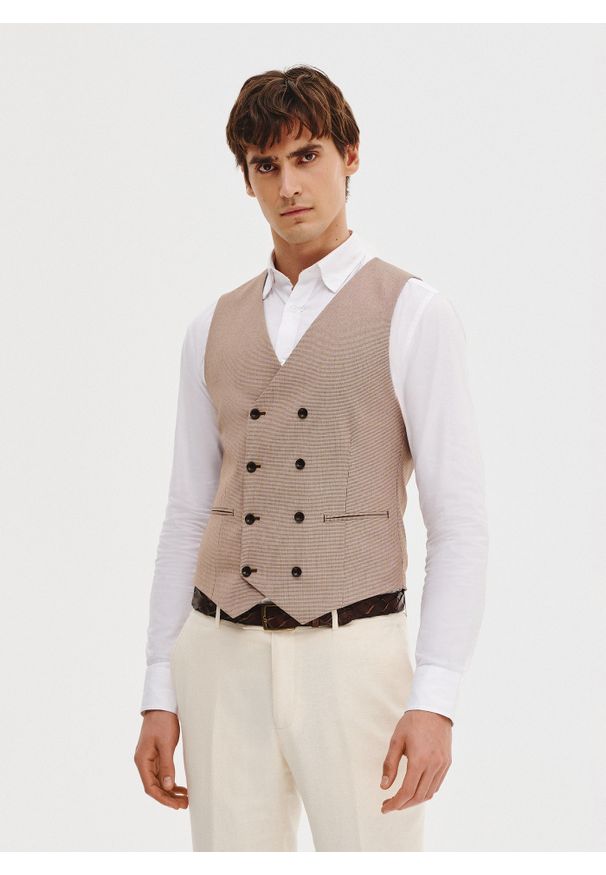 Pako Lorente - PAKO LORENTE - Dwurzędowa kamizelka męska w pepitkę. Materiał: poliester, elastan, wiskoza. Styl: elegancki, młodzieżowy