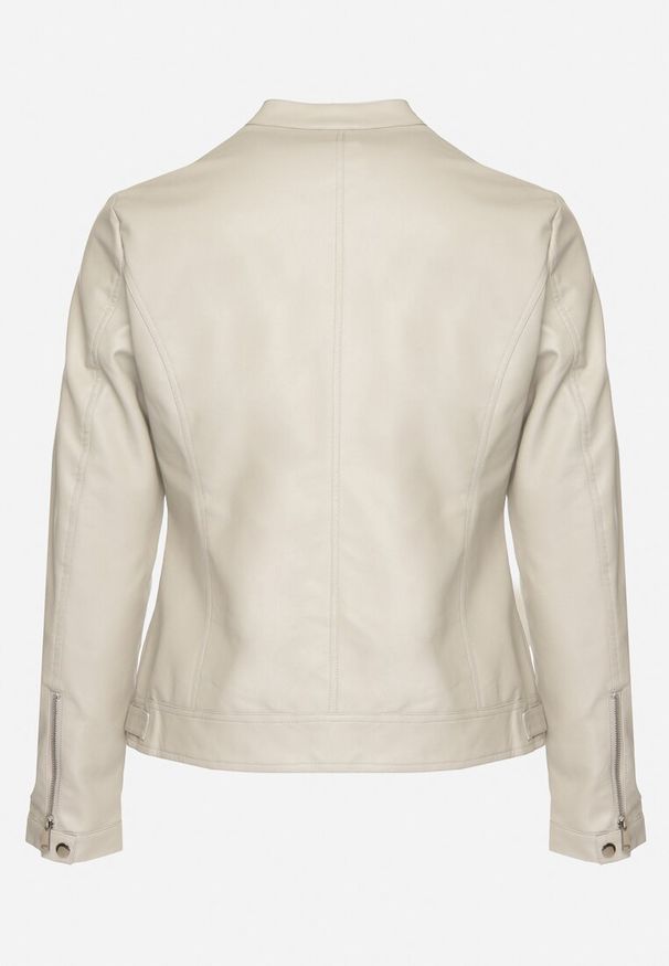 Born2be - Jasnobeżowa Kurtka Ramoneska Bez Kołnierzyka z Suwakami na Rękawach Rilinne. Okazja: na spacer, na co dzień. Typ kołnierza: bez kołnierzyka. Kolekcja: plus size. Kolor: beżowy. Sezon: wiosna. Styl: casual, elegancki